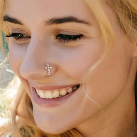 CZ Cross Nose Hoop Made Of 316 L Surgical Steel Adjustable For Perfect Fit - Picture 1 of 3